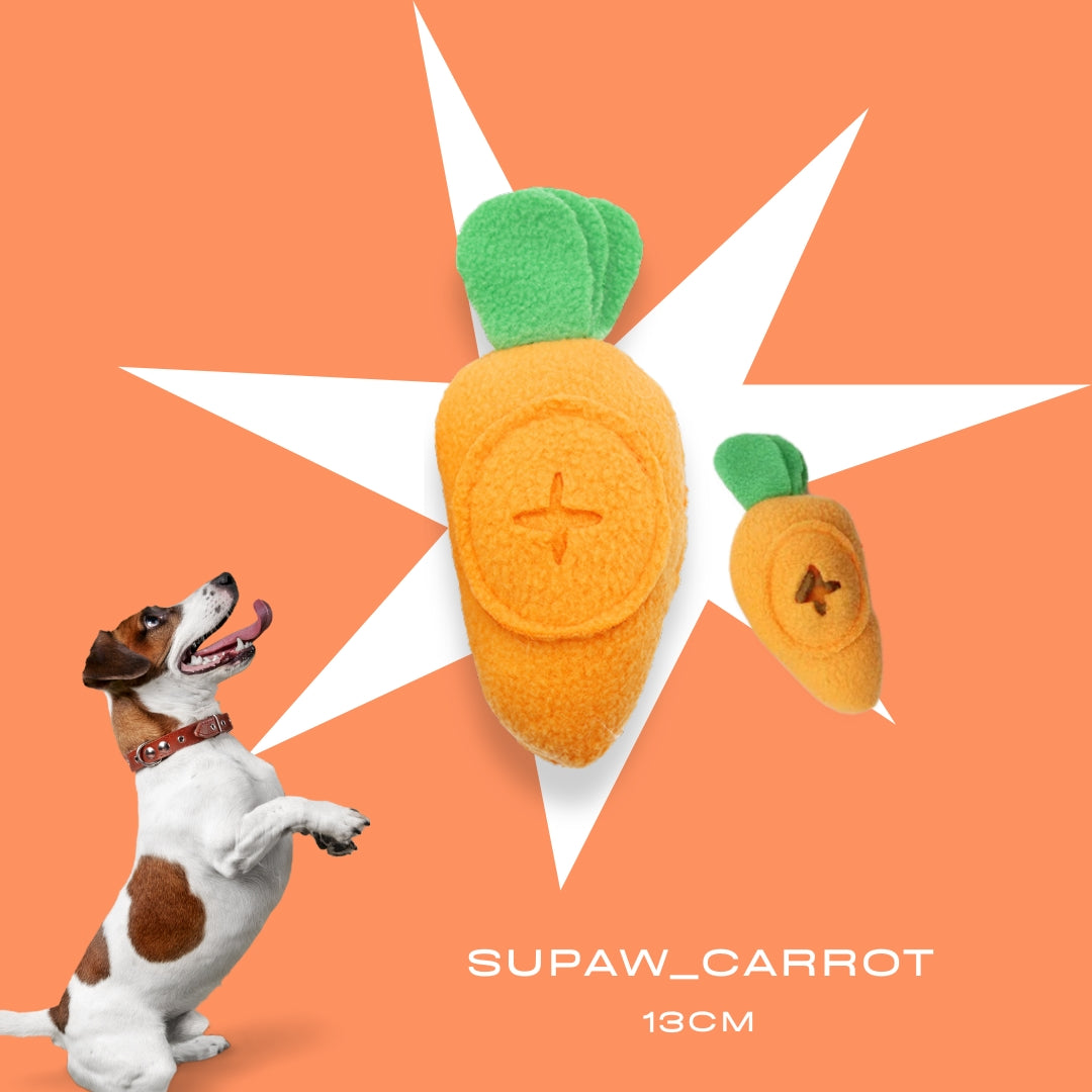 Durable carrot-shaped treat-seeking toy for dogs, included in the Woof Mash Pack