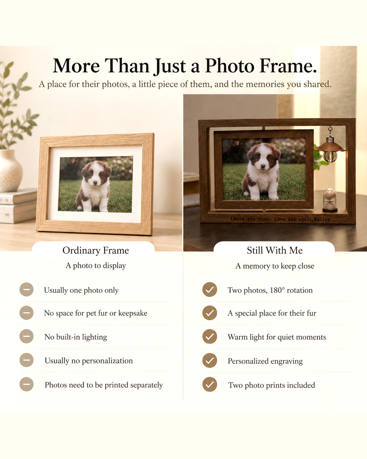 Side-by-side comparison of an ordinary wooden photo frame and the Still With Me personalized pet memorial frame, featuring two rotating pet photos, a warm memorial light, an engraved name, and a rose keepsake.