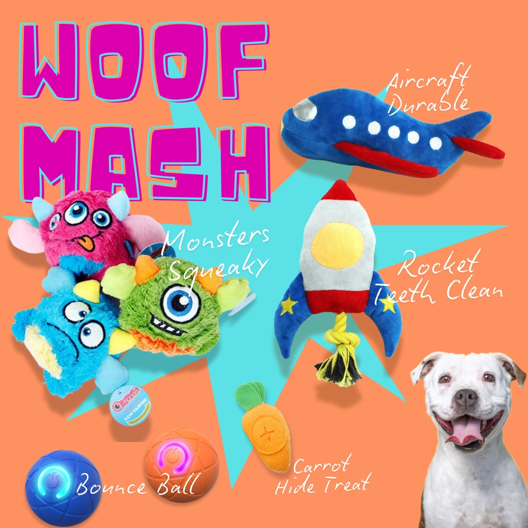 The Woof Mash Pack includes a carrot treat toy and your choice of a glow ball, squeaky monster, or rope