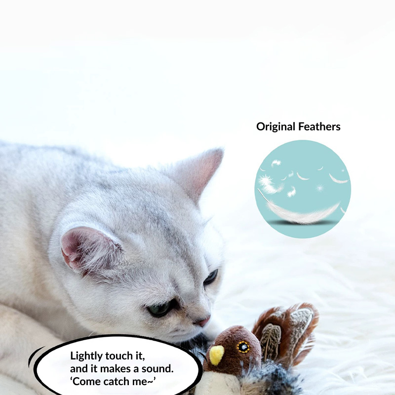 Cat toy equipped with soft, natural feathers that encourage pouncing and interactive play for cats