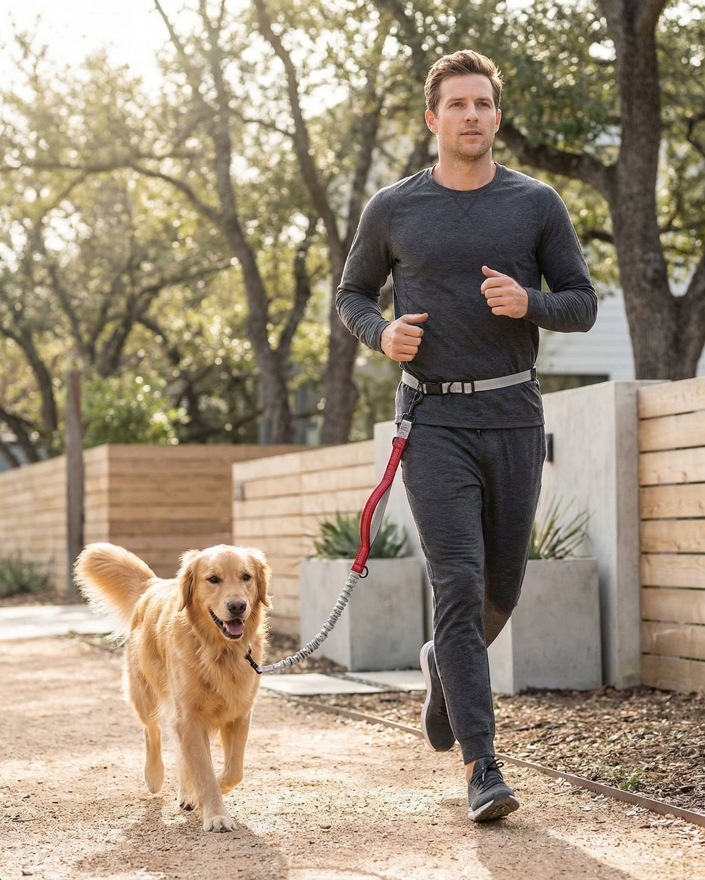 Jogger using UrbanStride Reflective Run Belt hands-free running leash with a dog outdoors