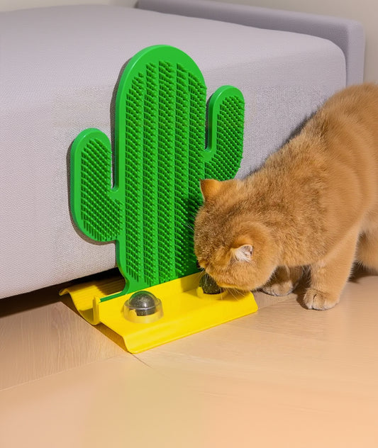 Cat rubbing on WhiskerBloom Cactus Oasis self-grooming brush for indoor enrichment