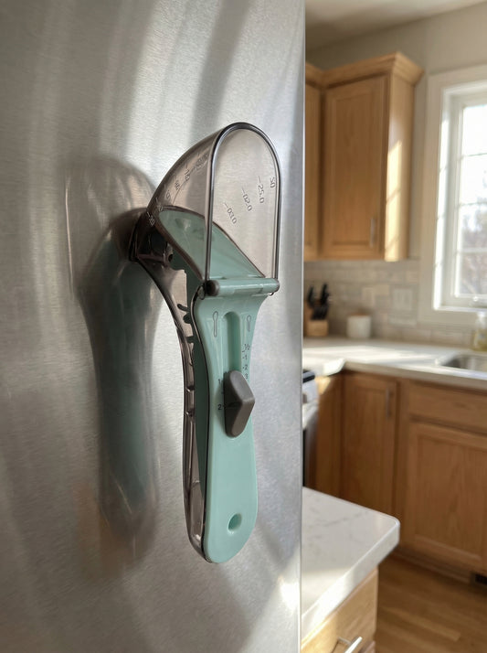 WhiskerBloom Measure & Stick Scoop stored on a fridge for quick everyday access