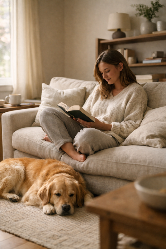pet-friendly living room with woman reading and dog relaxing on rug