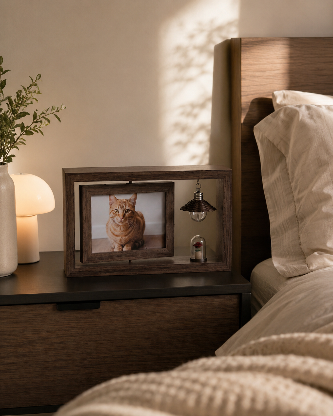 Walnut brown 6-inch personalized pet memorial frame with an orange cat photo, miniature light, and rose keepsake styled in a calm modern bedroom corner.