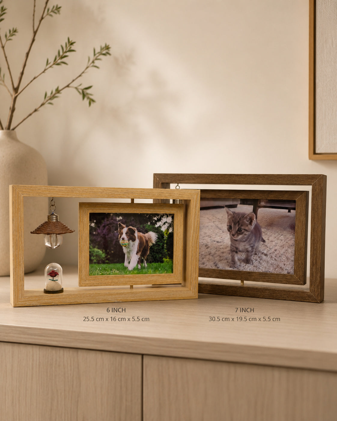 Light wood 6-inch and dark wood 7-inch personalized pet memorial frames displayed side by side on a quiet modern Japandi-style cabinet.