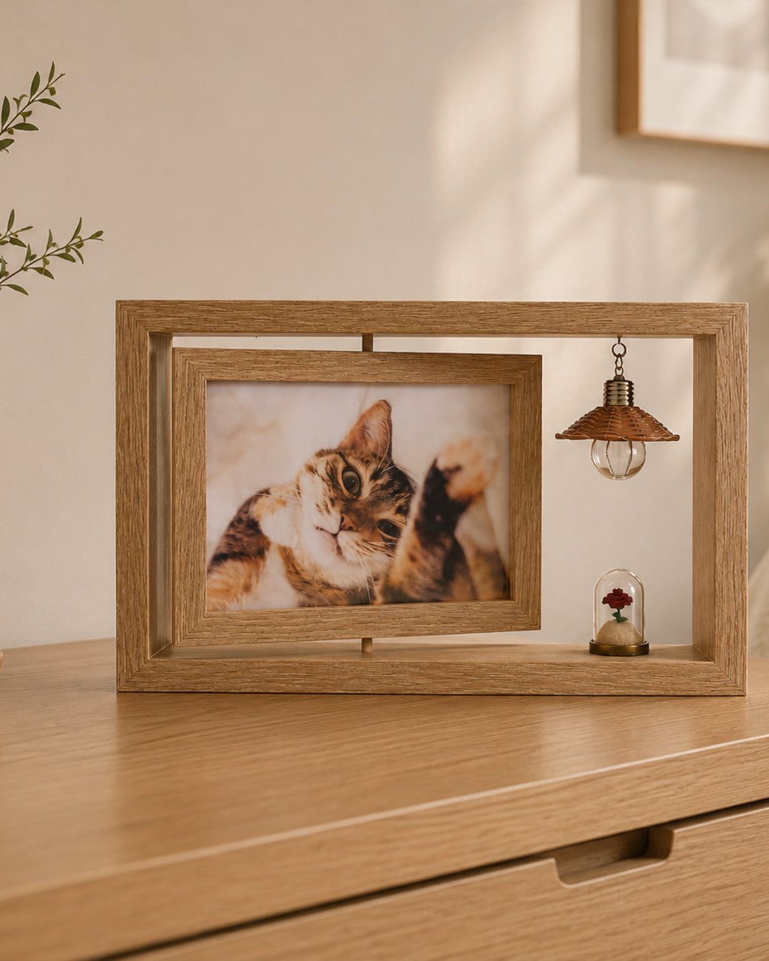 Beige 7-inch personalized pet memorial frame with a cat photo, soft hanging light, and rose keepsake displayed on a warm modern bedside cabinet.