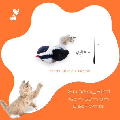 Happy cat playing with chirping bird toy from the Meow Fusion Pack