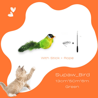 Happy cat playing with chirping bird toy from the Meow Fusion Pack