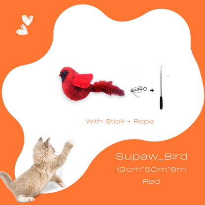 Happy cat playing with chirping bird toy from the Meow Fusion Pack