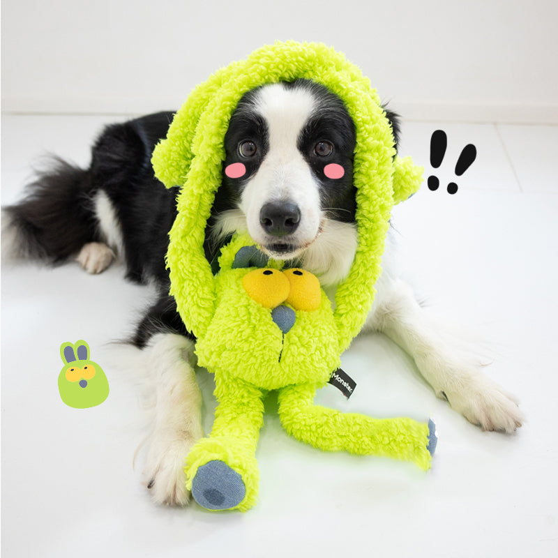 Floppy bunny dog toy with stretchable limbs, the perfect Christmas gift for your furry friend