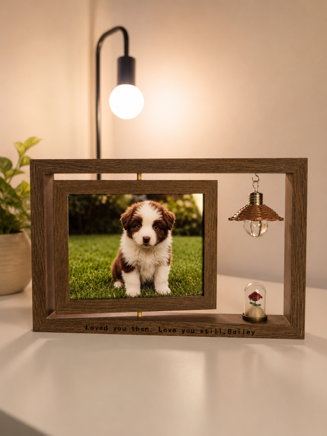 Personalized wooden dog memorial frame featuring Bailey as a puppy, with a rotating photo display, custom engraving, miniature rose dome, and soft neutral home decor setting.
