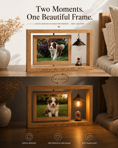 Personalized pet memorial frame with a rotating two-photo design, custom engraving, soft warm light, and rose keepsake vial for pet fur or tiny remembrance.