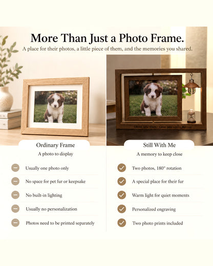 Side-by-side comparison of an ordinary wooden photo frame and the Still With Me personalized pet memorial frame, featuring two rotating pet photos, a warm memorial light, an engraved name, and a rose keepsake.
