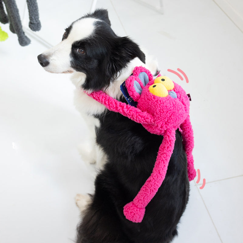 Eco-friendly plush dog toy designed for chewing, cuddling, and squeaky fun