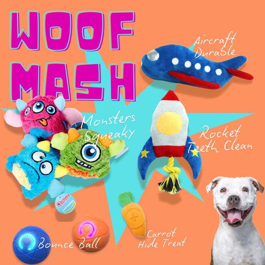 The Woof Mash Pack includes a carrot treat toy and your choice of a glow ball, squeaky monster, or rope