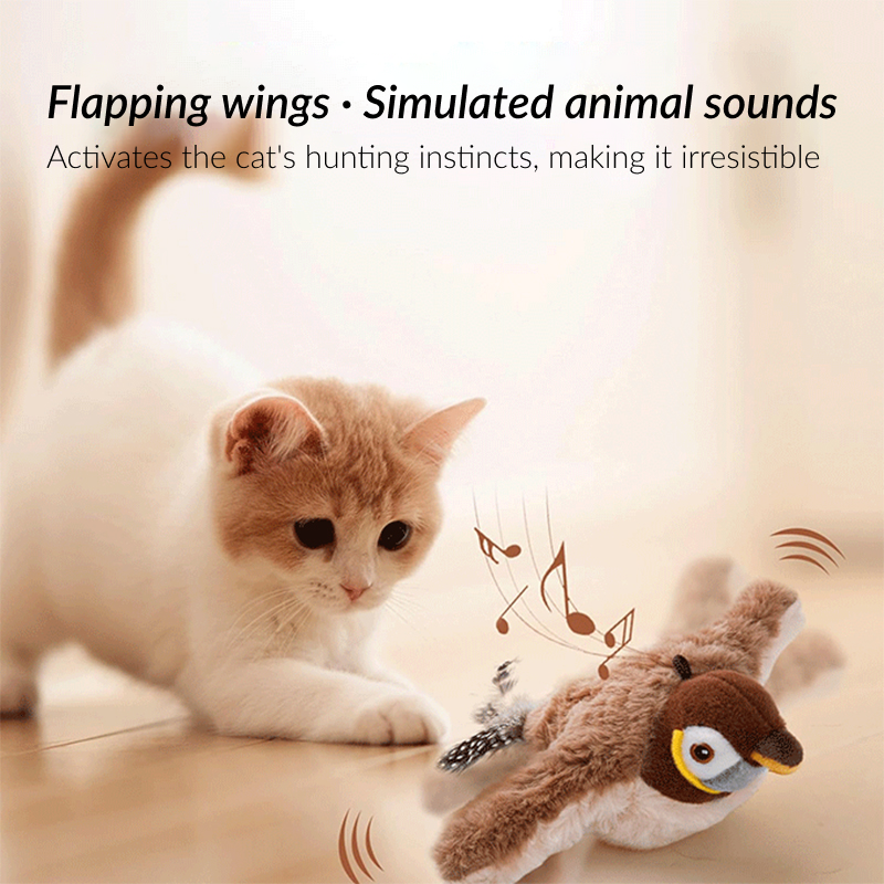 Cat playing with a flapping bird toy that simulates realistic sounds, activating natural hunting instincts