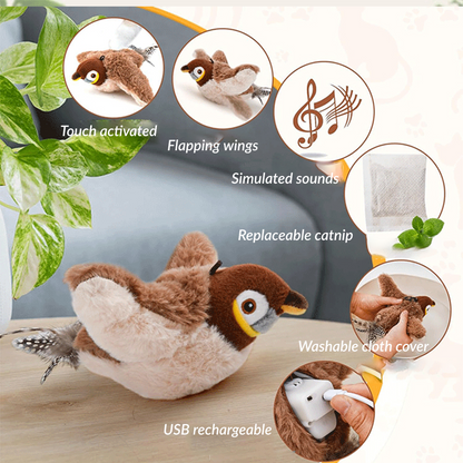 Interactive cat toy with flapping wings, realistic sounds, USB charging, and a slot for replaceable catnip