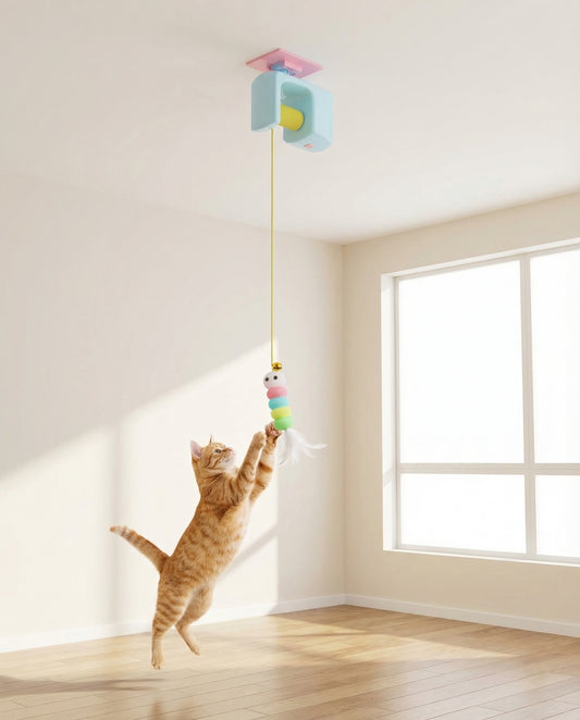 Cat reaching and playing with ActivePaw DoorDrop Yo-Yo hanging toy on a door frame