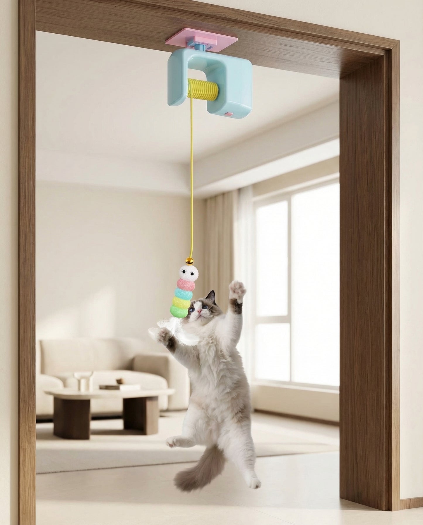 Indoor cat jumping to chase the ActivePaw DoorDrop Yo-Yo automatic hanging toy