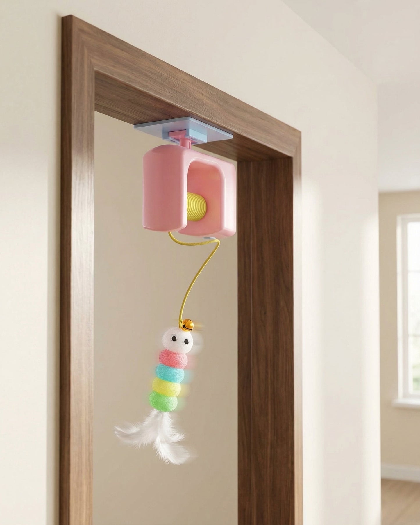 ActivePaw DoorDrop Yo-Yo attached to a door frame for automatic solo cat play