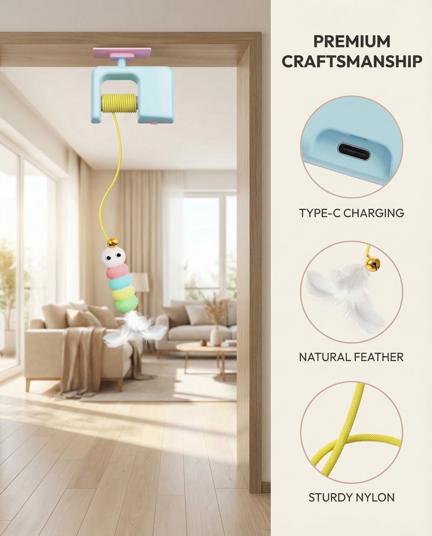 ActivePaw DoorDrop Yo-Yo feature infographic showing build details and hanging design