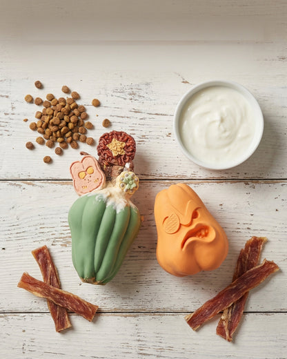 ActivePaw Snack Puzzle Tumbler shown with pet treats and kibble for treat-dispensing slow feeder play