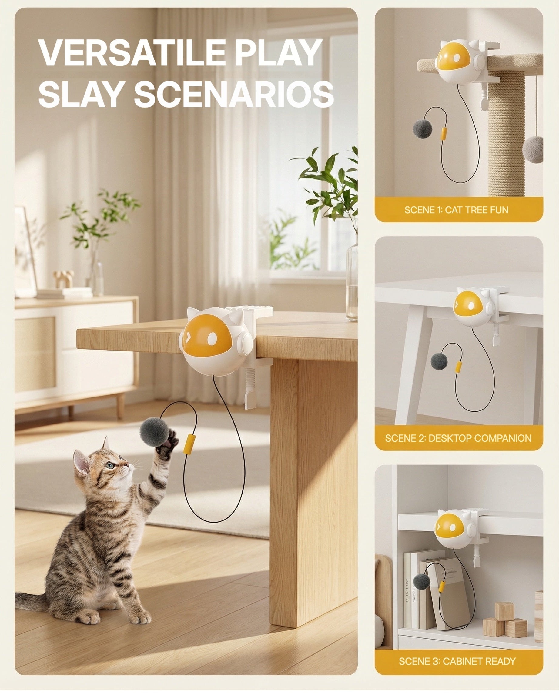 Placement ideas for ActivePaw Tease & Chase clip-on cat toy on desk, cat tree, dining table, or cabinet