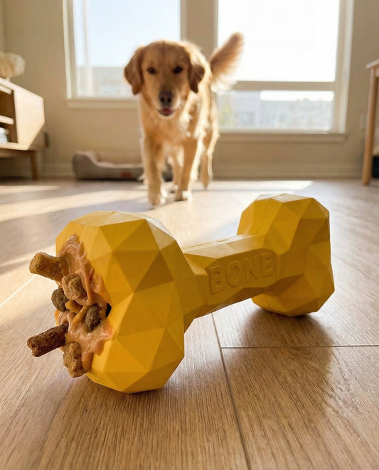 Dog playing indoors with ChewFlex Diamond Bone textured chew toy on the floor