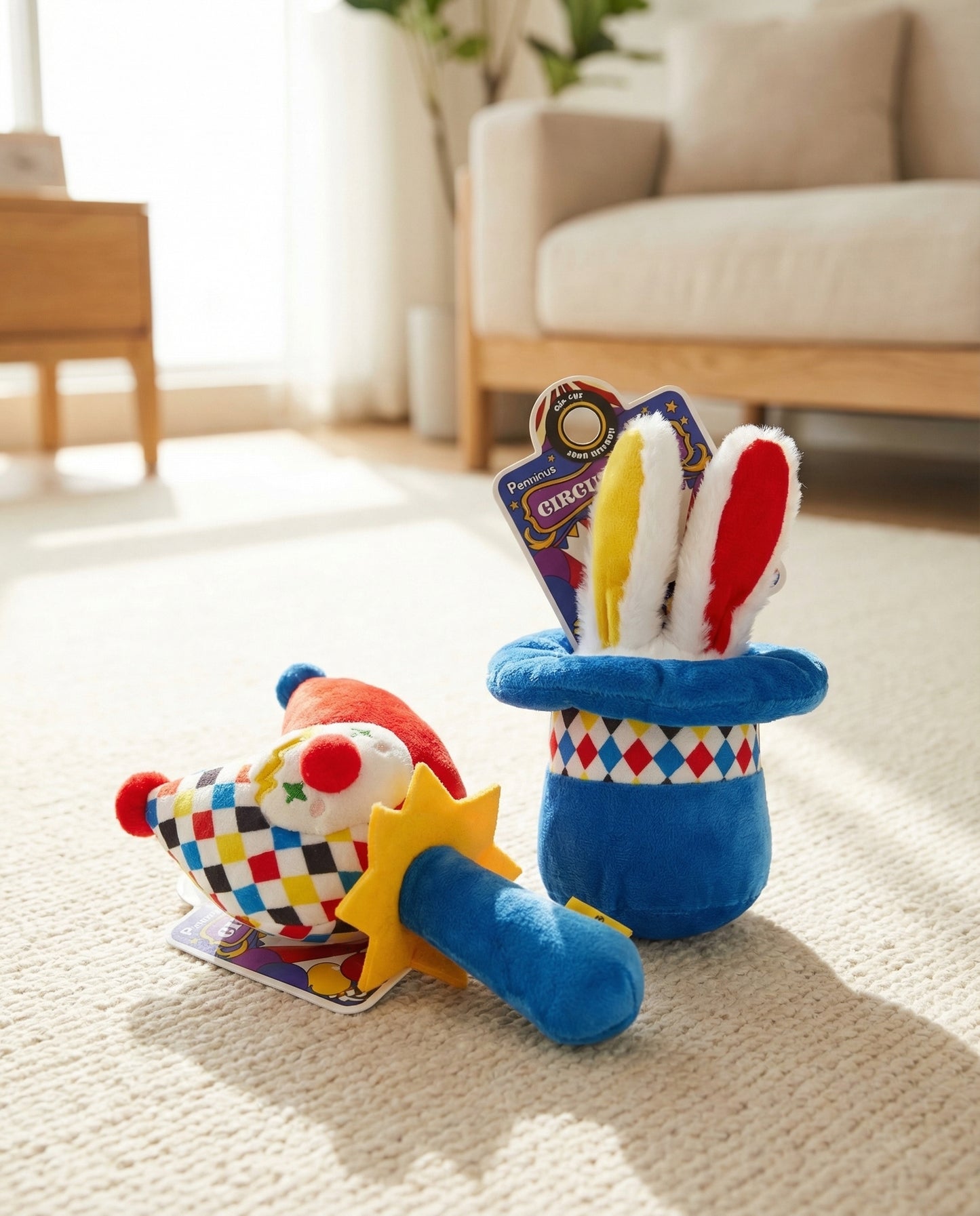 SoftPals Circus Squeaker plush dog toys shown in a cozy living room play scene