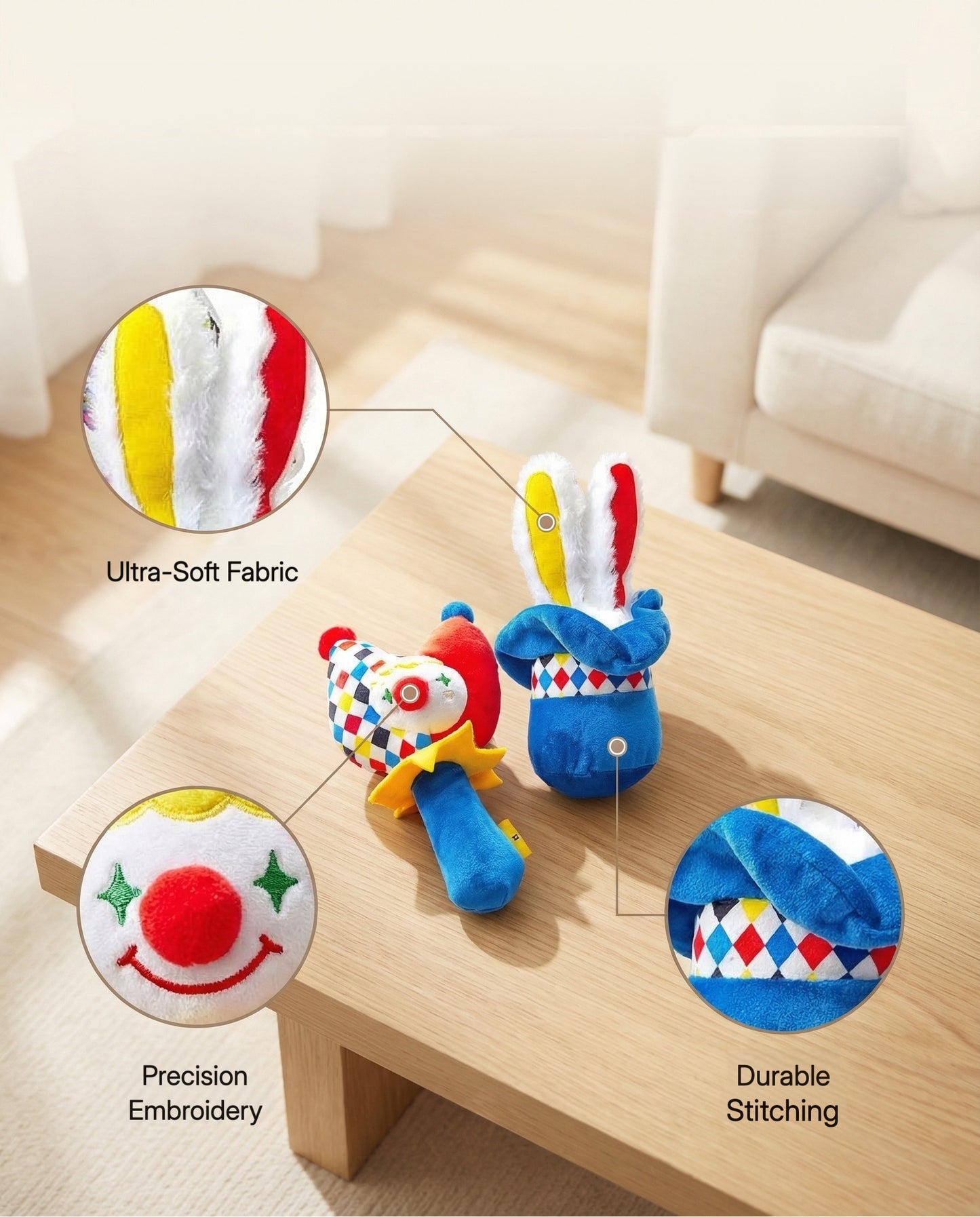 SoftPals Circus Squeaker feature infographic showing plush texture and squeaker sound