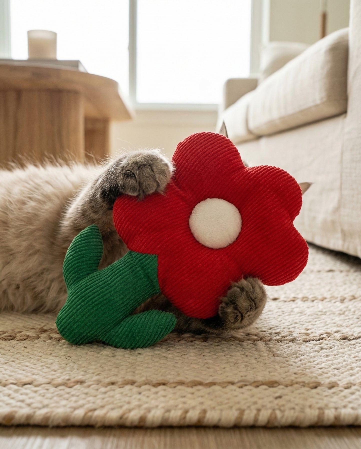 Pet playing with SoftPals Garden Buddy plush flower squeaky toy on a cozy rug