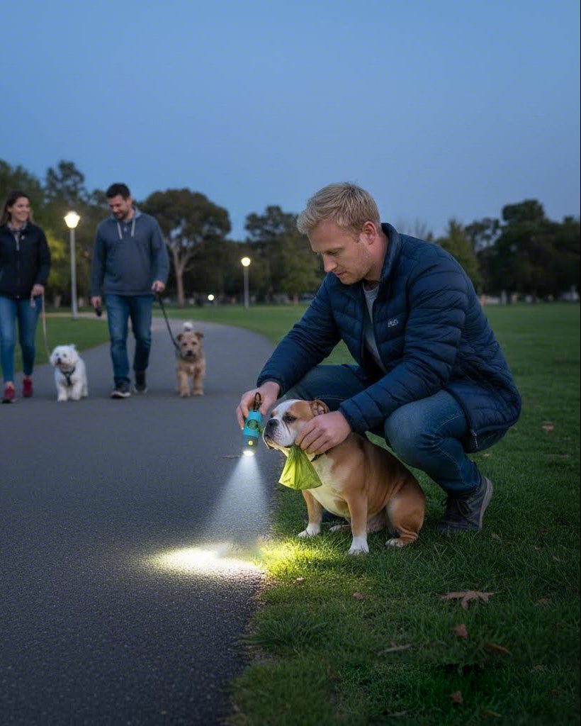 Dog owner using Trailblaze Glow Waste Capsule light for easier cleanup at night