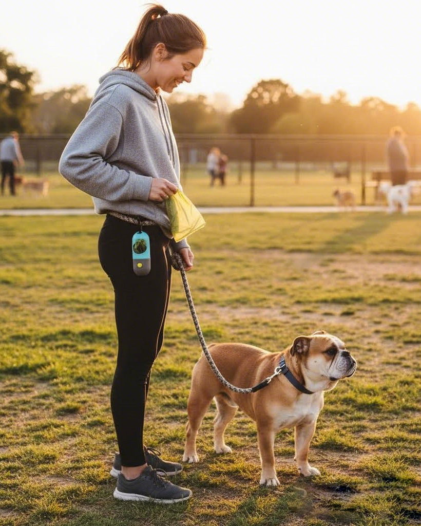 Dog walking outdoors with Trailblaze Glow Waste Capsule for on-the-go waste bag access