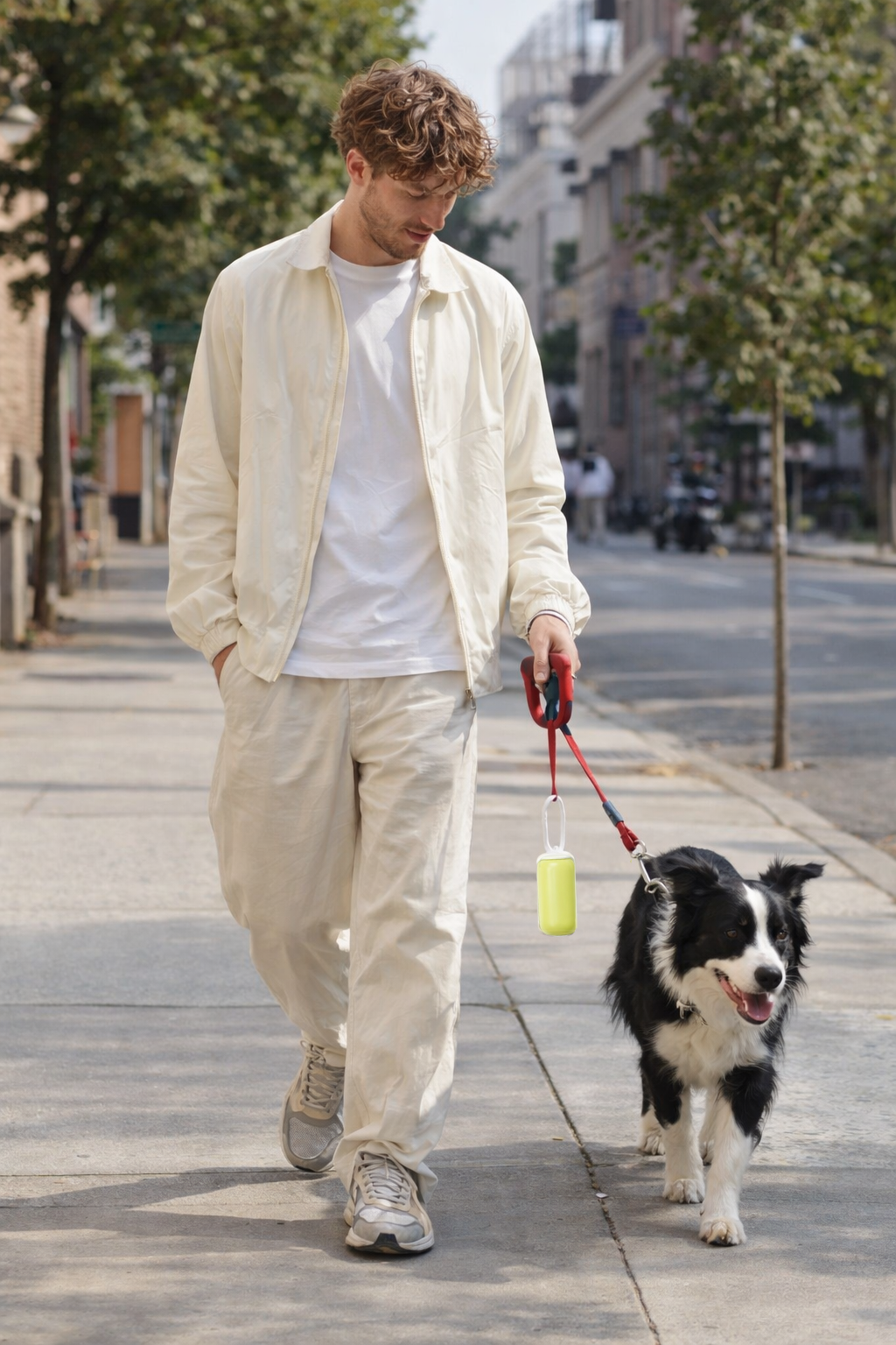 Dog owner walking in the city with Trailblaze Waste Capsule dog waste bag holder