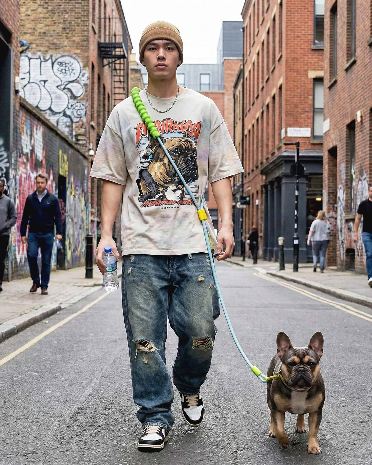 UrbanStride Cloud Grip Leash used during an urban walk with a dog on a city street