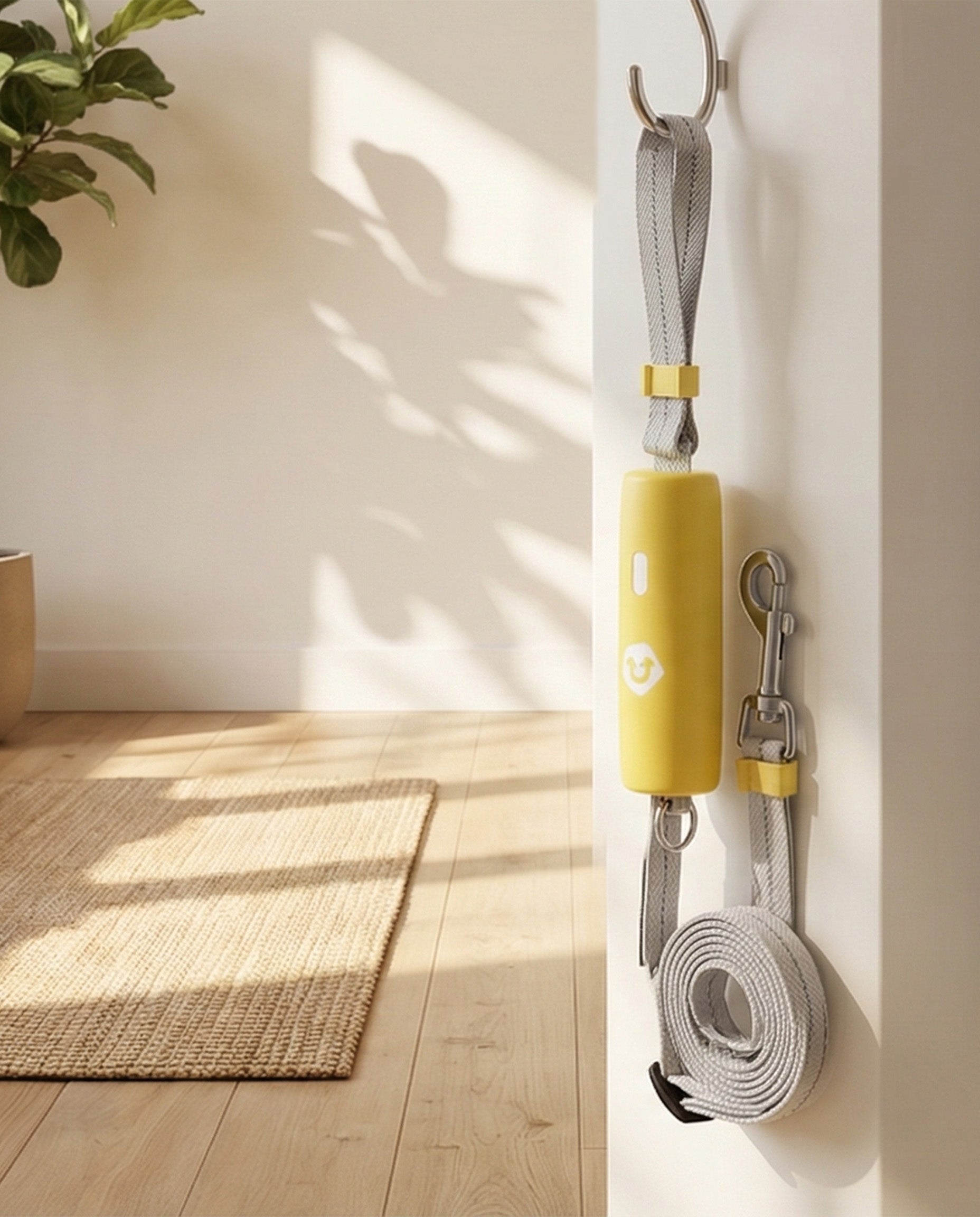 UrbanStride QuickLock Stretch Leash hanging neatly indoors for easy storage