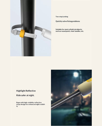 UrbanStride QuickLock Stretch Leash feature graphic showing QuickLock anchoring and reflective rope detail
