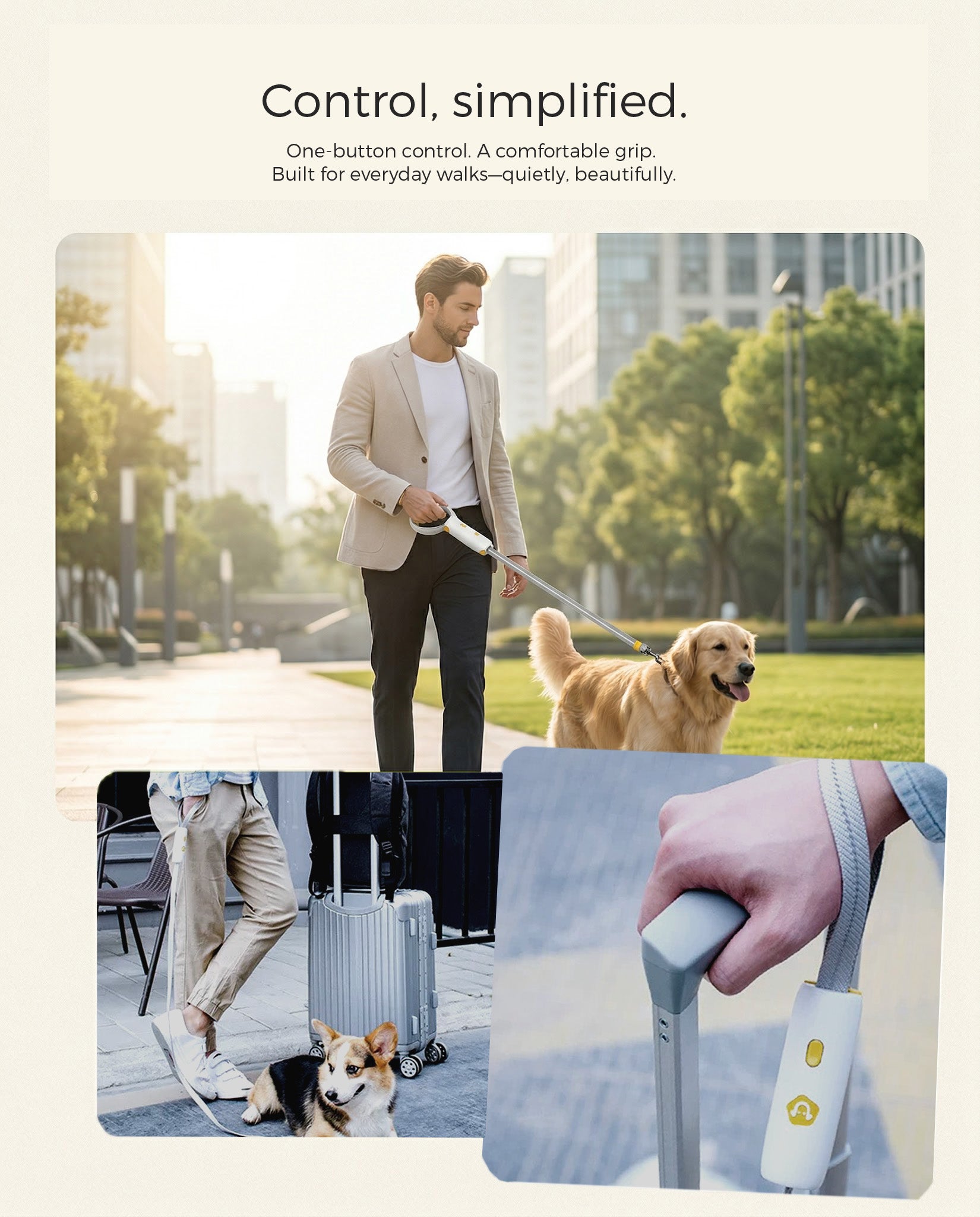 UrbanStride QuickLock Stretch Leash lifestyle poster highlighting ergonomic comfort and one-button control