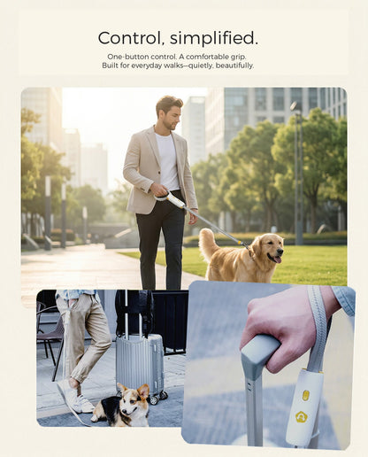 UrbanStride QuickLock Stretch Leash lifestyle poster highlighting ergonomic comfort and one-button control