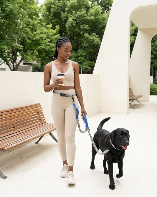 UrbanStride Reflective Run Belt hands-free running leash used on a walk with a dog