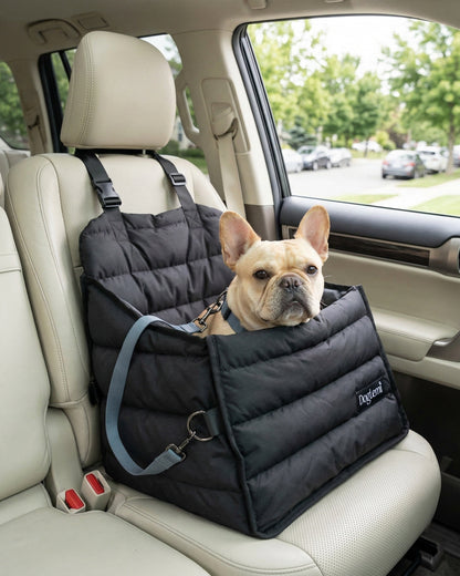 Voyager Cozy Carrier used as a pet car seat carrier with a dog sitting comfortably in the car