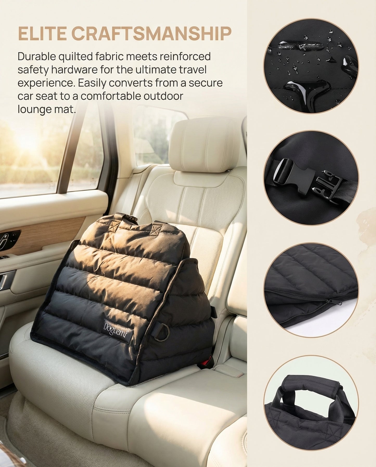 Voyager Cozy Carrier feature graphic showing padding, materials, and construction details