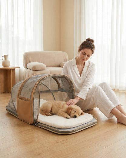 Voyager Flex Carrier opened into a travel bed with a pet resting in a cozy home setting