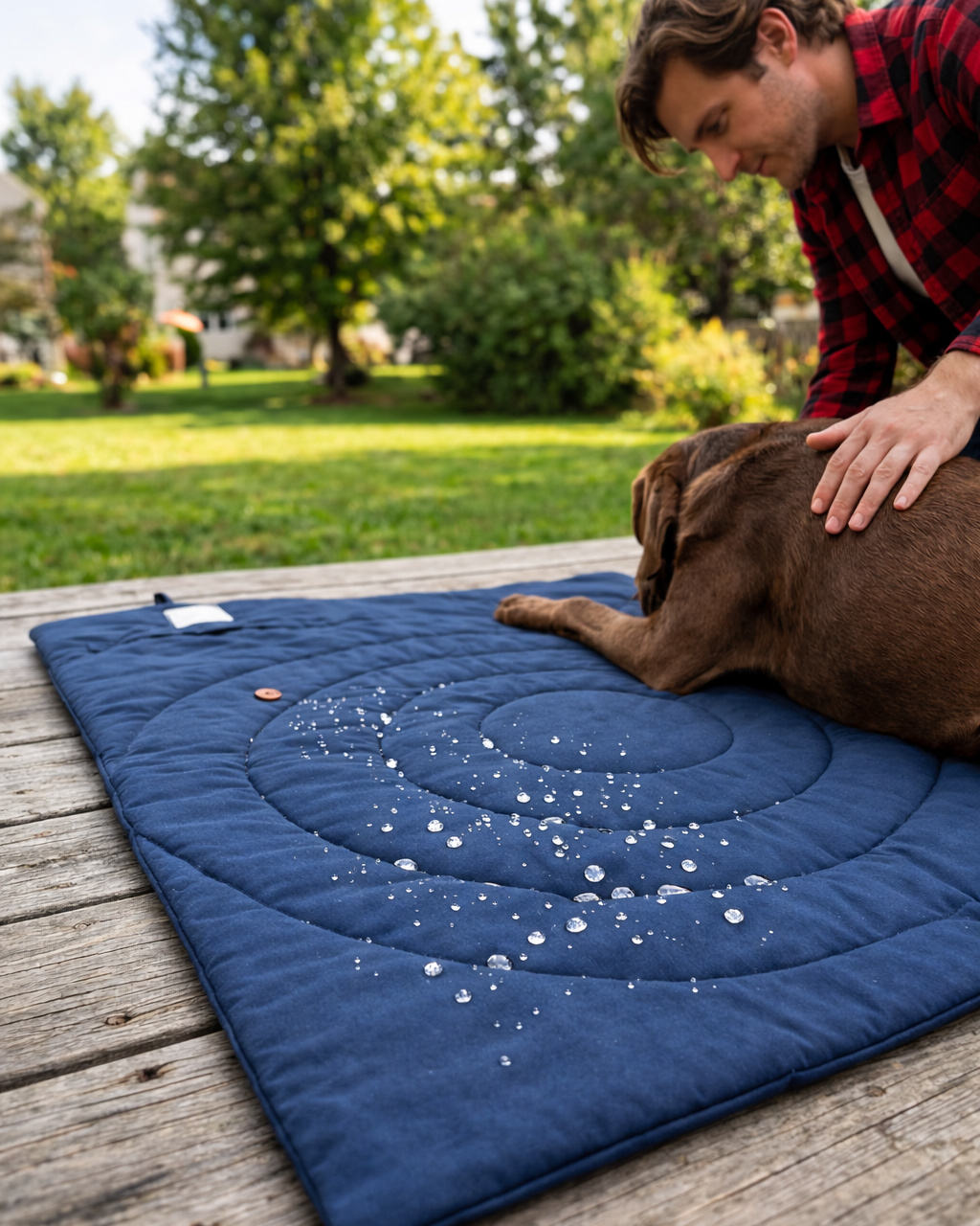 Dog using Voyager Foldaway Travel Mat outdoors for a comfortable rest spot
