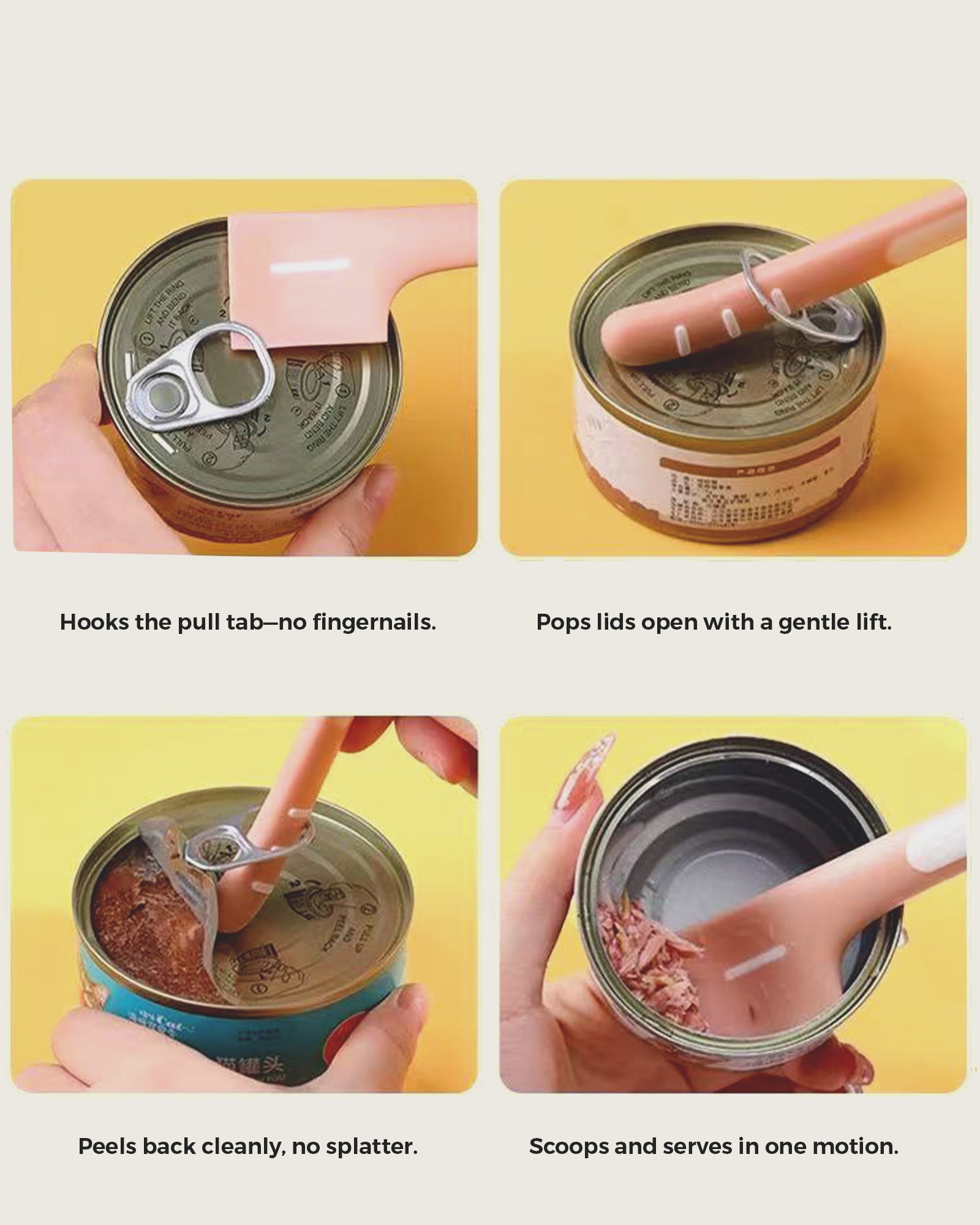 WhiskerBloom Can-Ready Spoon step guide showing pull-tab opening and scoop-and-serve use