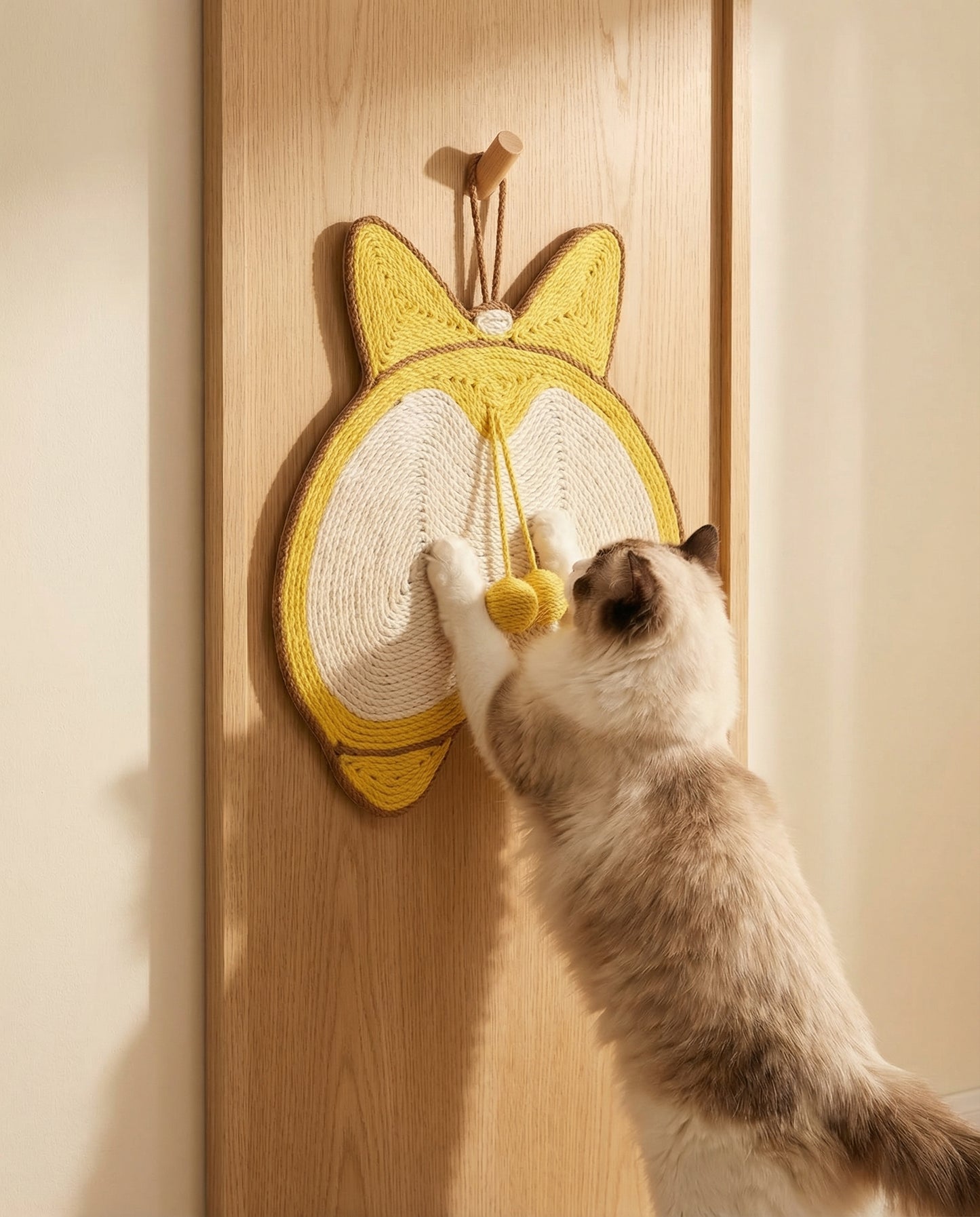 Cat scratching WhiskerBloom Corgi Sisal Scratch Pad hung on a wall or door