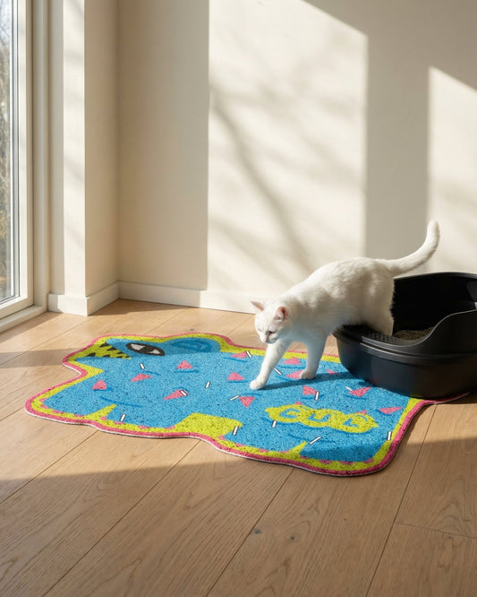 Cat stepping onto WhiskerBloom Litter Lock Mat beside a litter box to catch tracked litter