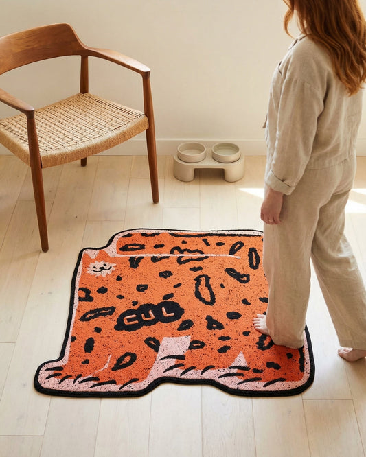 WhiskerBloom Litter Lock Mat in orange style shown on the floor for litter box area use