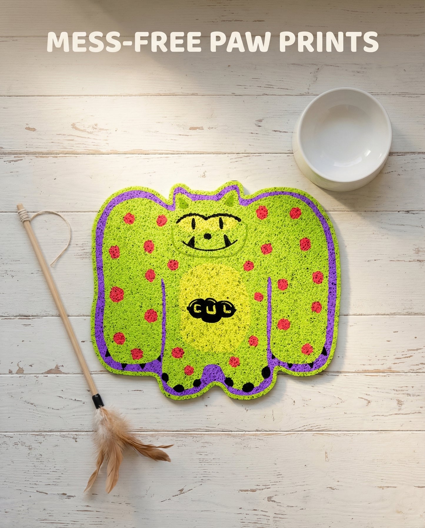 WhiskerBloom Litter Lock Mat print styles shown as mess-free paw-friendly designs